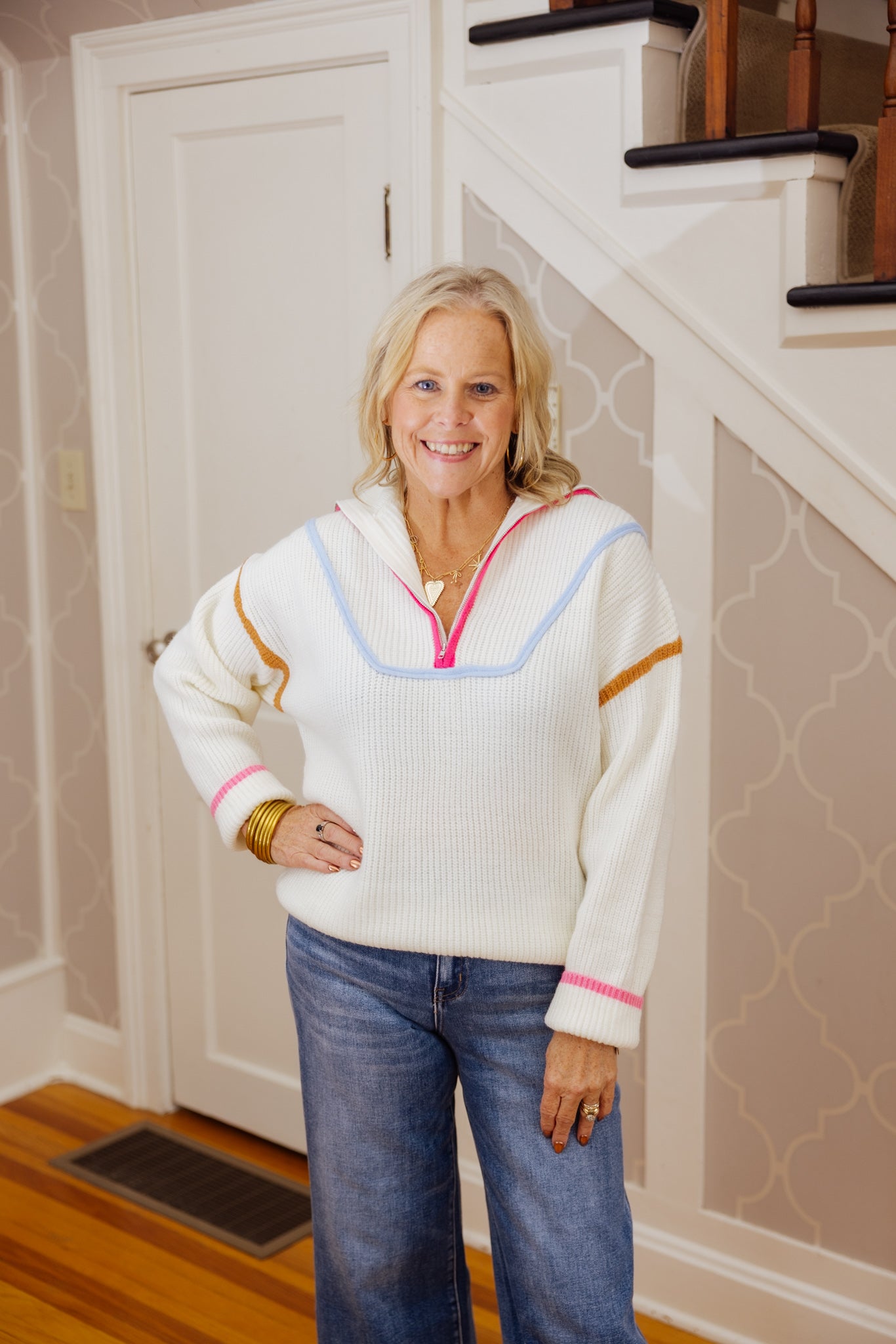 Ivory Multicolor Half Zip Sweater